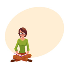 Obraz na płótnie Canvas Full length portrait of girl, woman in glasses reading book while sitting with legs crossed, cartoon vector illustration with space for text. Girl, woman sitting legs crossed, reading book