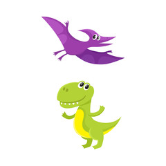 Two funny baby dinosaur characters - tyrannosaurus and pterodactyloidea, cartoon vector illustration isolated on white background. Happy smiling tyrannosaurus and pterodactyloidea dinosaur characters