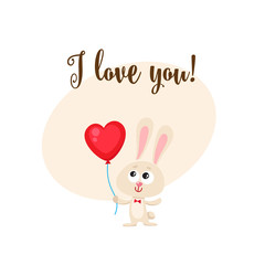 I love you greeting card, banner template with cute, funny rabbit holding red heart shaped balloon, cartoon vector illustration. Cute bunny holding heart balloon, love postcard, greeting card, banner