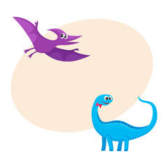 Two funny baby dinosaur characters - brontosaurus and pterodactyloidea, cartoon vector illustration with space for text. Happy smiling brontosaurus and pterodactyloidea dinosaur characters