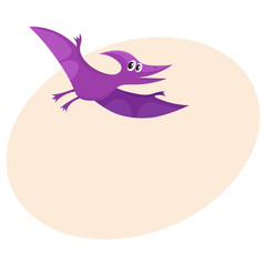 Cute and funny smiling baby pterodactyloidea, flying dinosaur, cartoon vector illustration with space for text. Funny, happy pterodactyloidea, avian dinosaur character, decoration element