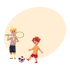 Two boys playing badminton and football at the playground, cartoon vector illustrationwith space for text. Boy friends playing with badminton racket, birdie, football ball at the playground
