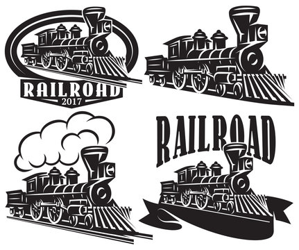 Set of vector logo in vintage style with locomotives. Emblems, labels, badges or patterns on a retro railroad theme