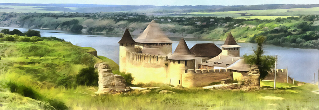 Colorful painting of old Khotyn fortress