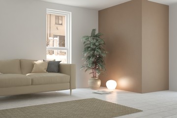 White modern room with sofa. Scandinavian interior design. 3D illustration