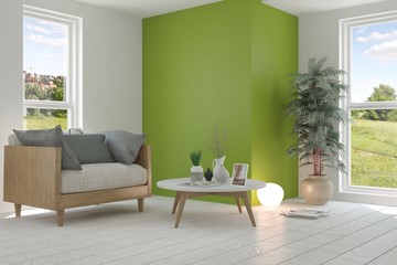 Obraz premium White room with armchair and green landscape in window. Scandinavian interior design. 3D illustration