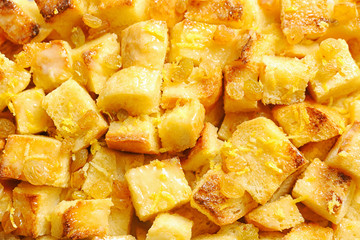 Delicious bread pudding with raisins, closeup