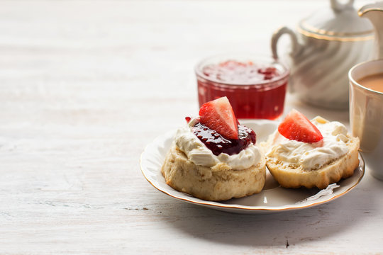 English cream teas with scones with clotted cream and jam