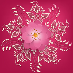 Vector paper cut sakura flowers with mehndi ornament on background. Floral volumetric composition. Elegant element for invitaion cards.