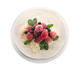 Delicious cheesecake with berries on white background