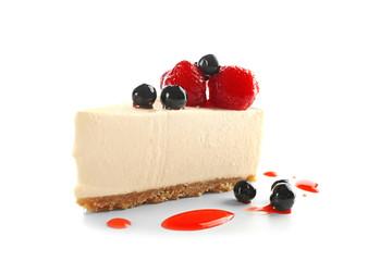 Delicious cheesecake slice with berries on white background - Powered by Adobe