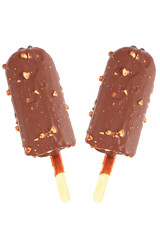 two chocolate ice cream sticks with almond isolated on white