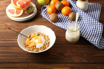 Healthy breakfast on wooden table