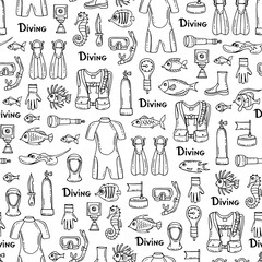 Pattern with hand drawn isolated symbols of diving on white color. Pattern on the theme of summer, travel, hobby