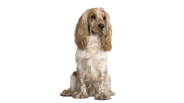 Funny spaniel sitting on white background