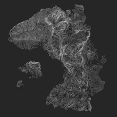 Vector abstract earth relief dark map. Generated conceptual elevation map. Isolines of landscape surface elevation. Geographic map conceptual design. Elegant background for presentations.