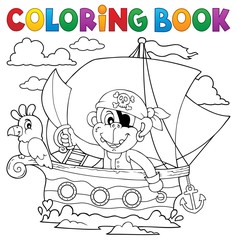 Coloring book boat with pirate monkey