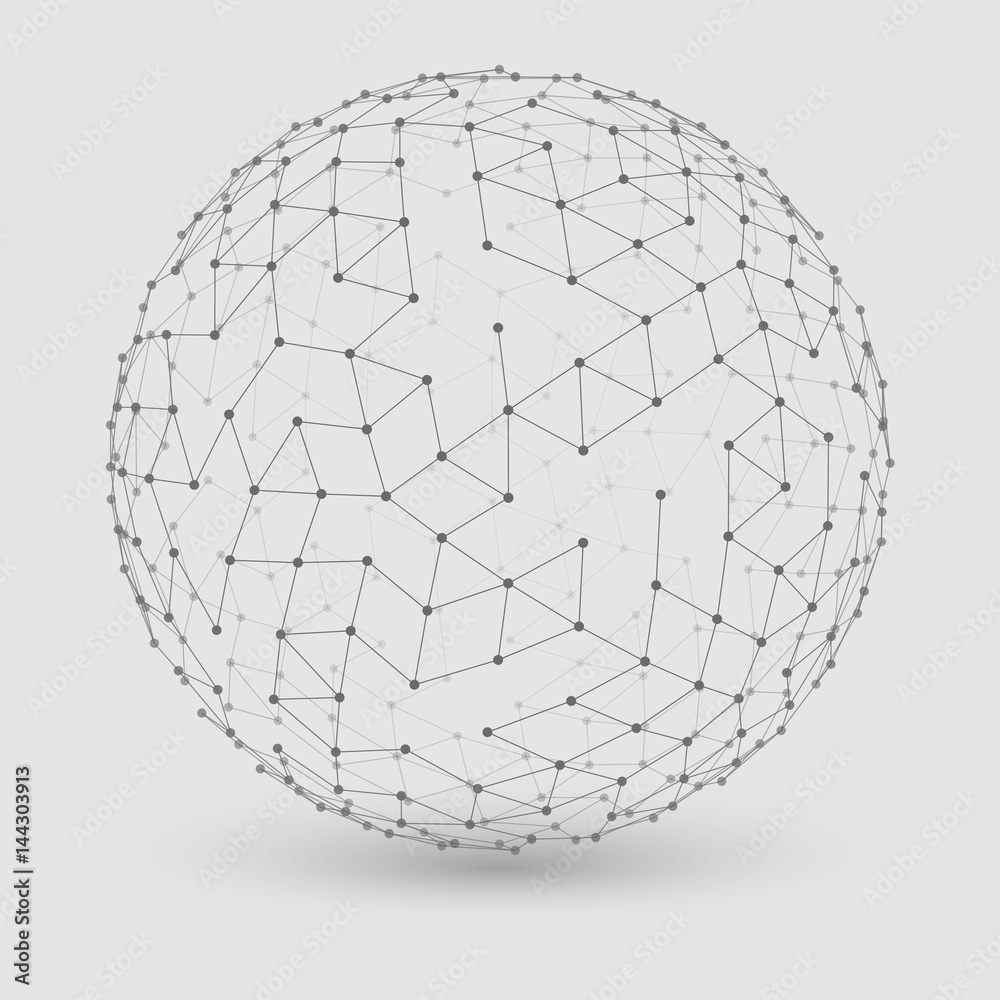 Poster abstract vector grayscale mesh sphere constructed with connected points. futuristic technology style