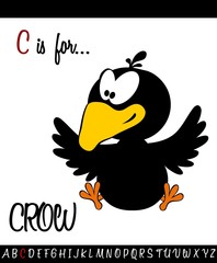 Illustrated vocabulary worksheet card with cartoon CROW
