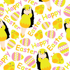 Cute girl, chick, and Colorful egg vector cartoon for Easter wallpaper, scrap paper, and postcard, seamless pattern, vector illustration
