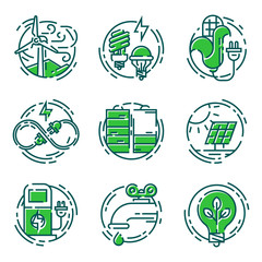Green ecology energy conservation icons and outline style ecological world power vector illustration.