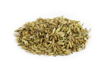 Pile of dried fennel seeds isolated on white background