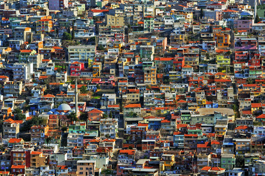 The colorful houses of the slum on a hill in Izmir, near Kadifekale. The suburban neighbourhood of the city.