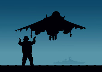 An aircraft carrier, a plane with vertical take-off and a deck crew.