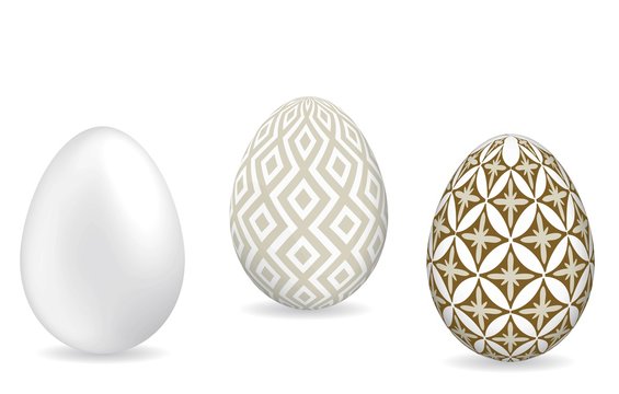 Ester eggs. White egg, beige ornamental eggs with shadow on white background