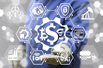 Cost optimization industry 4.0 concept. Worker offers cogwheel dollar bitcoin eur currencies icon on virtual screen. Costs Optimizations manufacturing. Financial planning, strategy IT manufacture.