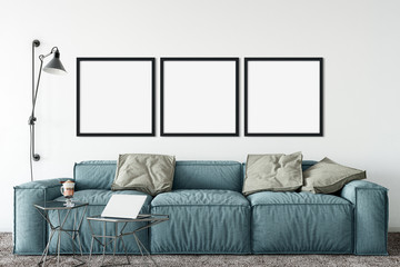 mock up posters in living room interior. Interior scandinavian style. 3d rendering, 3d illustration