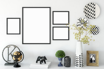 mock up posters in living room interior. Interior scandinavian style. 3d rendering, 3d illustration