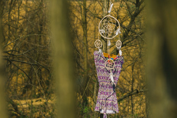 On the tree hanging dreamcatcher, a woman's dress. Indie style