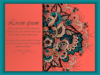 Wedding invitation card with vector abstract floral elements in Indian mehndi style. Abstract henna floral vector illustration. Colorful design element.