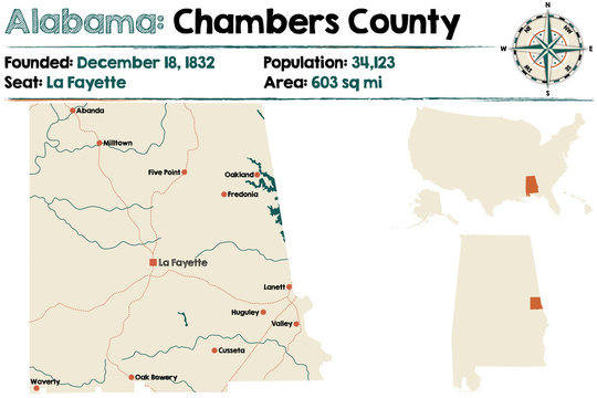 Large and detailed map of Chambers County in Alabama
