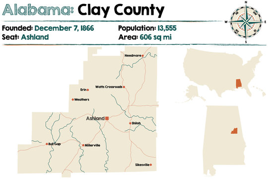 Large and detailed map of Clay County in Alabama