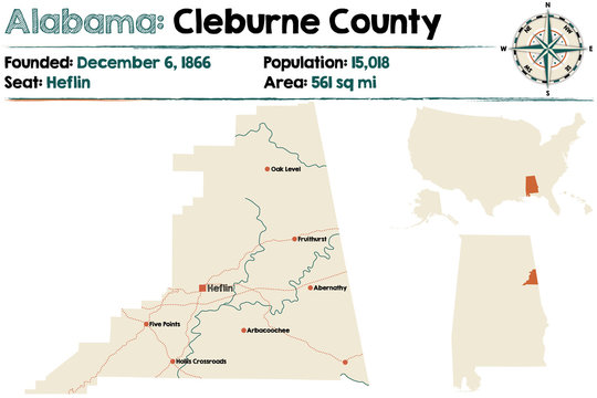 Large and detailed map of Cleburne County in Alabama