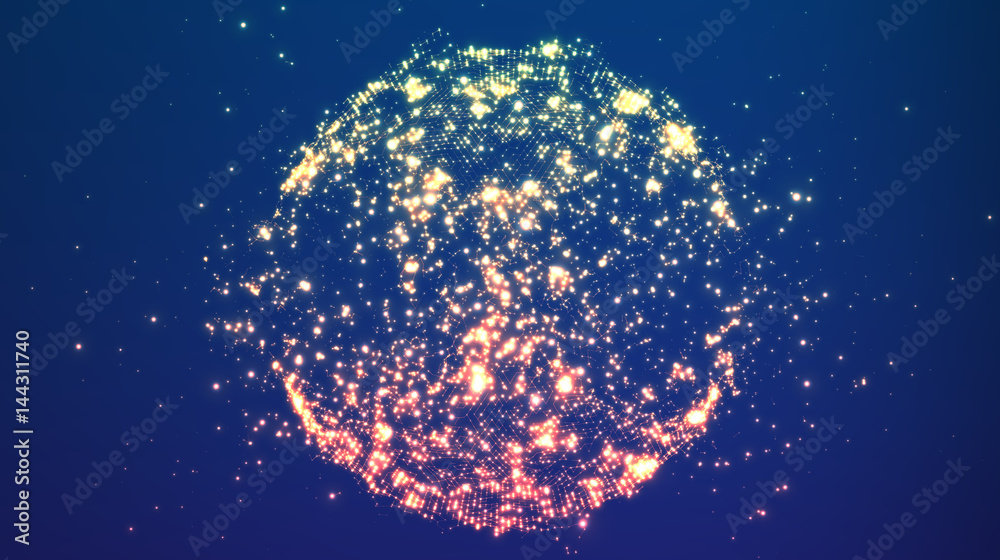 Poster abstract vector sphere explosion. explosion of sphere with glowing particles. futuristic technology 