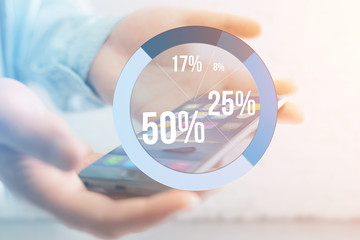 Blue survey graph interface with business theme going out a smartphone - Technology concept