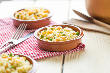 A Plate of Rice with Vegetables, Selective focus, Horizontal View