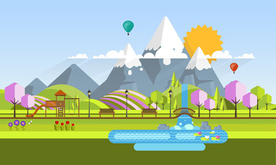 Beautiful Vector Spring Landscape in Flat Design Style with Playground.