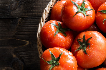 Fresh Organic Tomatoes in Water Drops on Dark Wooden Background
