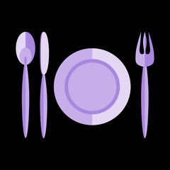 Spoon, knife, fork and plate violet icon isolated on black - stylized simple vector drawing