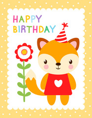 Cute vector illustration with a fox in the cap. Greeting card for birthday. Picture with a baby fox in children's style.