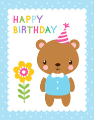 Cute vector illustration with a bear in the cap. Greeting card for birthday. Background with a beautiful animal in a children's style.
