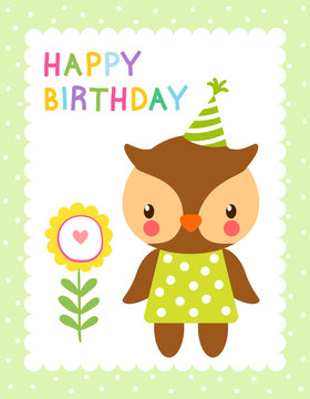 Greeting card with cute owl and flower. Vector illustration with bird in childrens style. Happy Birthday