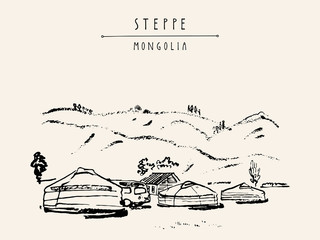 Yurts (gers) - traditional Mongolian dwellings in Mongolian steppe. Travel sketch. Hand-drawn vintage book illustration, postcard - obrazy, fototapety, plakaty