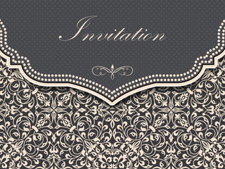 Wedding invitation and announcement card with vintage background artwork. Elegant ornate damask background. Elegant floral abstract ornament. Design template.