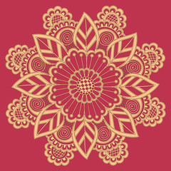 Vector ornamental round lace with damask and arabesque elements. Mehndi style. Orient traditional ornament. Zentangle-like round colored floral ornament.