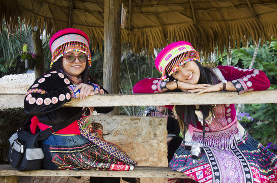 Thai mother and daughter wearing costume traditional of ethnic hmong for take photo in garden and visit Doi Pui Tribal Village and National Park